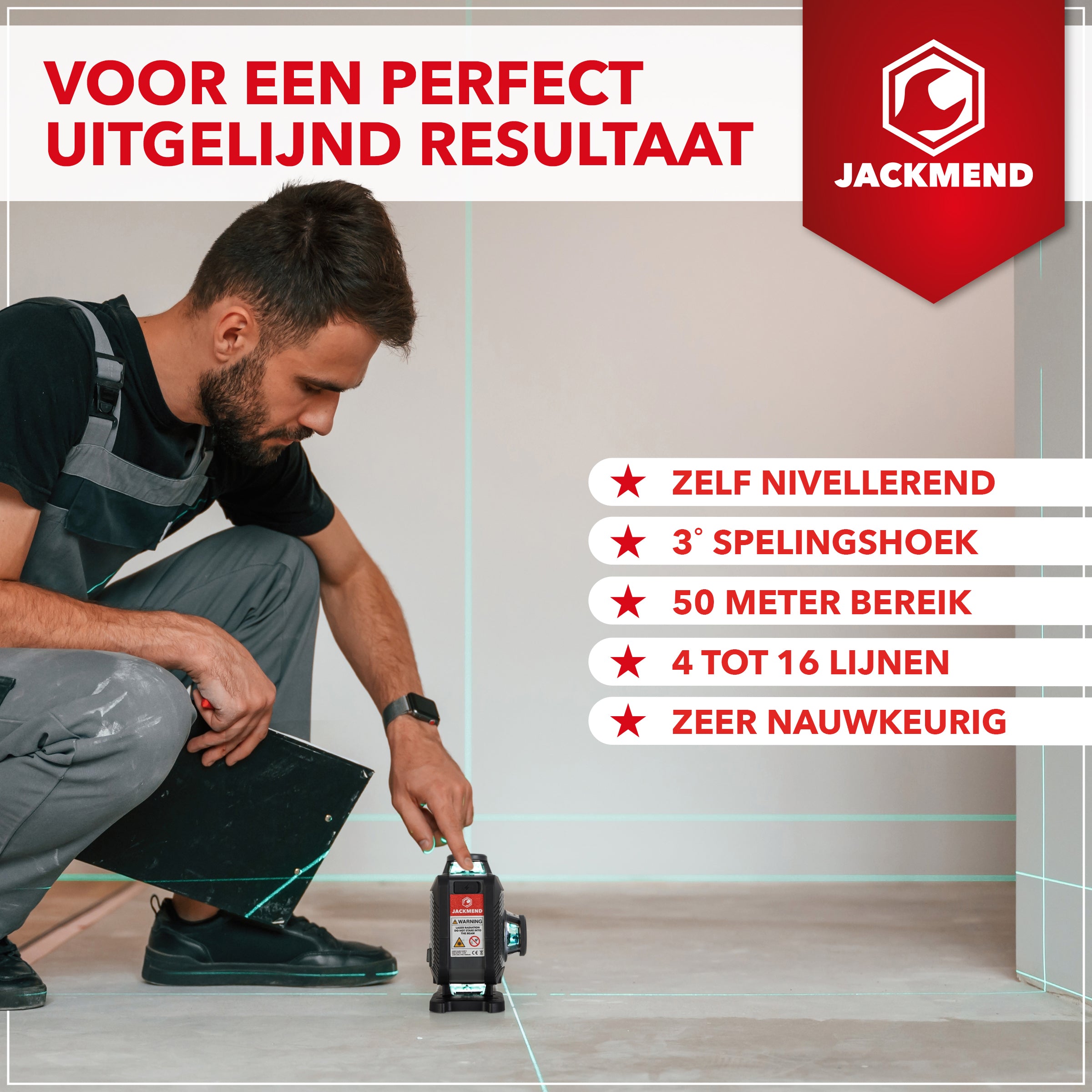 JACKMEND 4D Kruislijnlaser USB-C Oplaadbaar Digitaal Display - 50 Meter Meetbereik - 16 Lijnen
