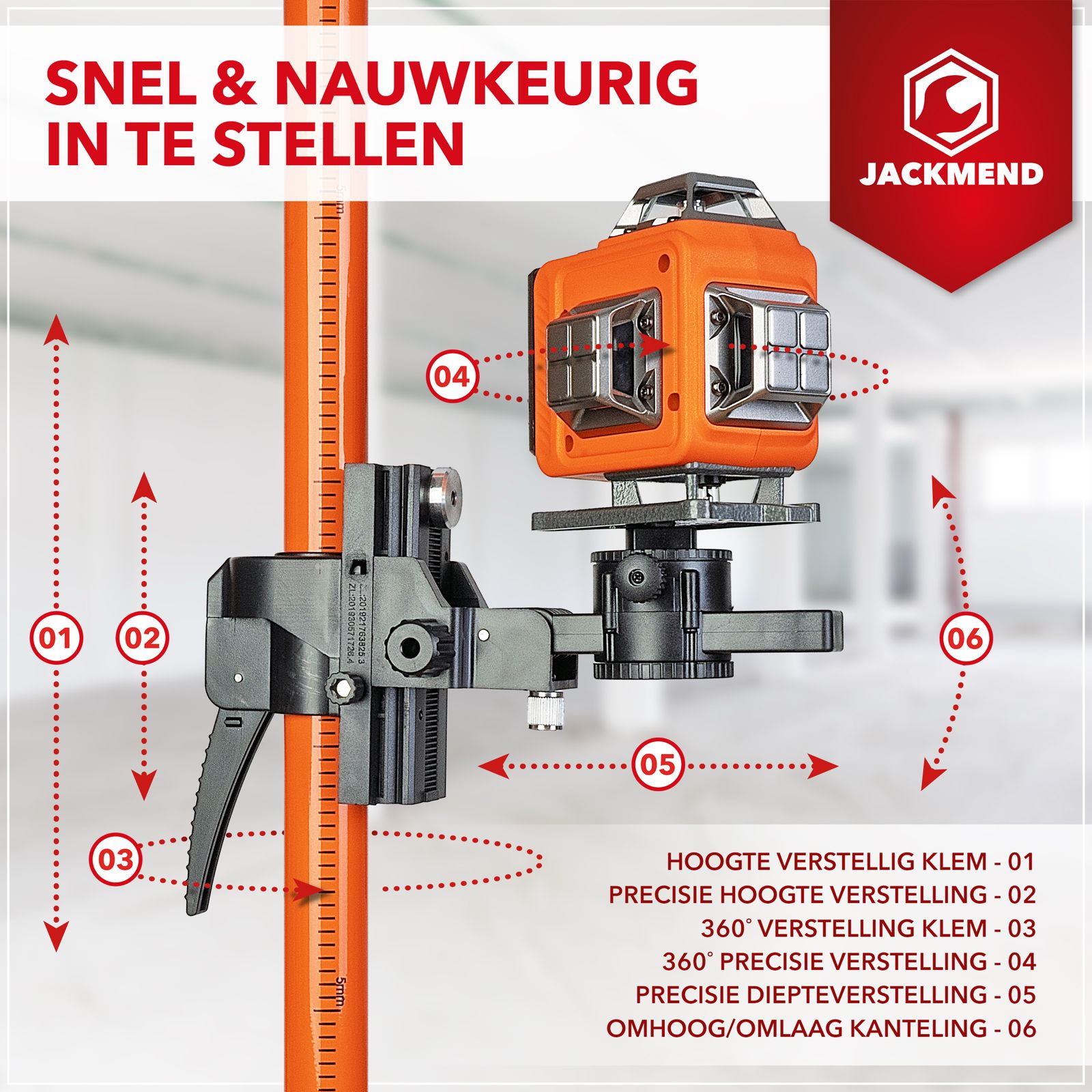 JACKMEND 4D Kruislijnlaser met Statief 5.5M 4 tot 16 Lijnen - 50 Meter Meetbereik