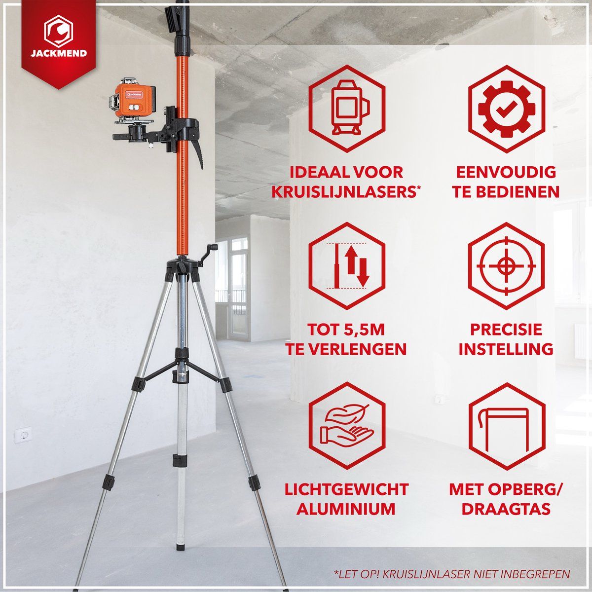 JACKMEND 4D Kruislijnlaser met Statief 5.5M 4 tot 16 Lijnen - 50 Meter Meetbereik
