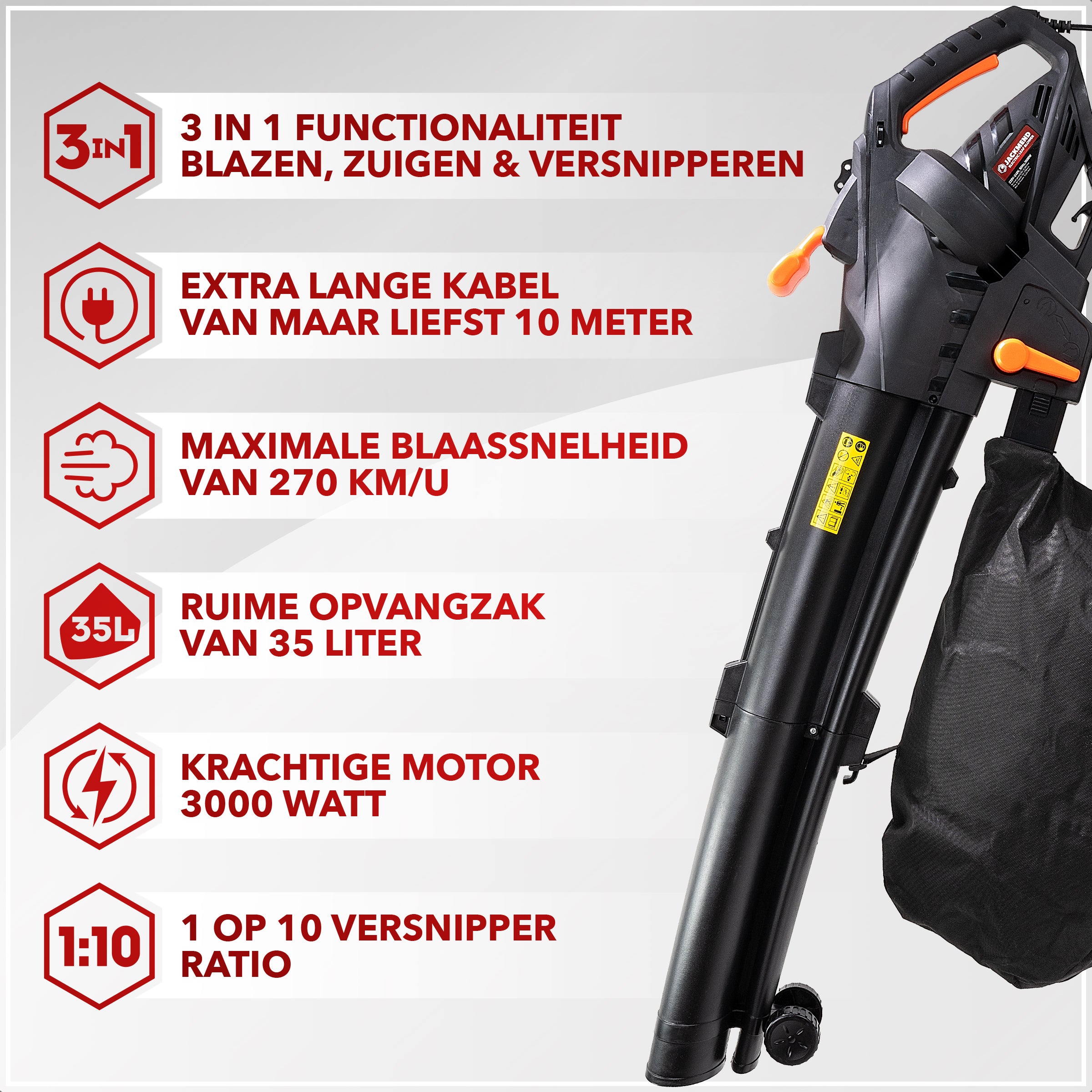 JACKMEND Elektrische Bladblazer Incl. 35L Opvangzak - 3000W Snoer 270km/u Luchtsnelheid - 15.000RPM