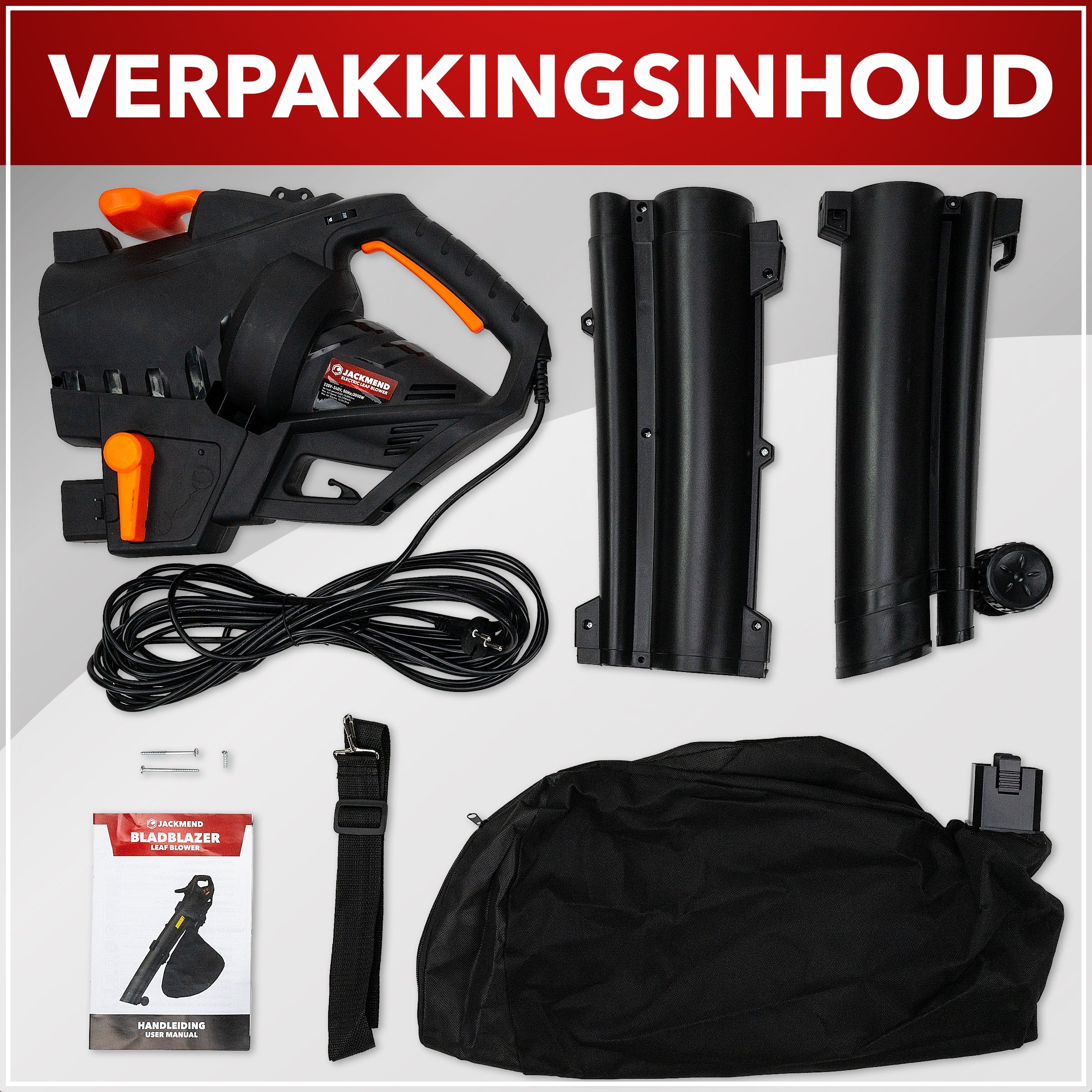 JACKMEND Elektrische Bladblazer Incl. 35L Opvangzak - 3000W Snoer 270km/u Luchtsnelheid - 15.000RPM
