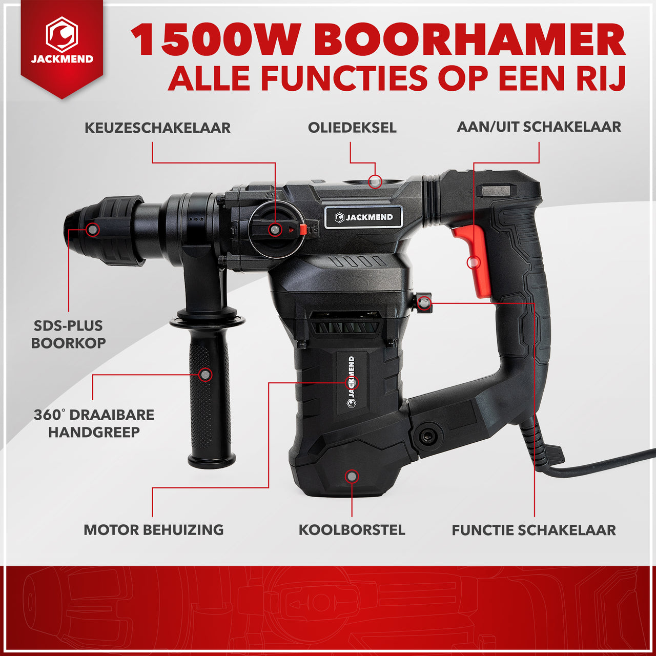 JACKMEND Boorhamer Kit - Breekhamer op Snoer - 1500W en 6.0J - Klopboormachine Incl. 3-Delige SDS-Plus