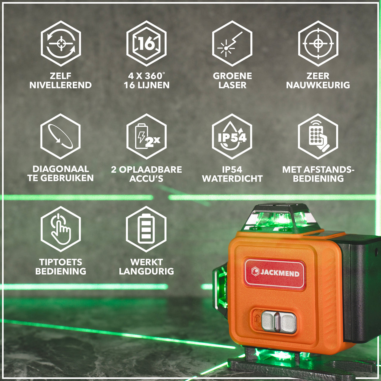 JACKMEND 4D Kruislijnlaser met Statief 1,45M 4 tot 16 Lijnen - 50 Meter Meetbereik