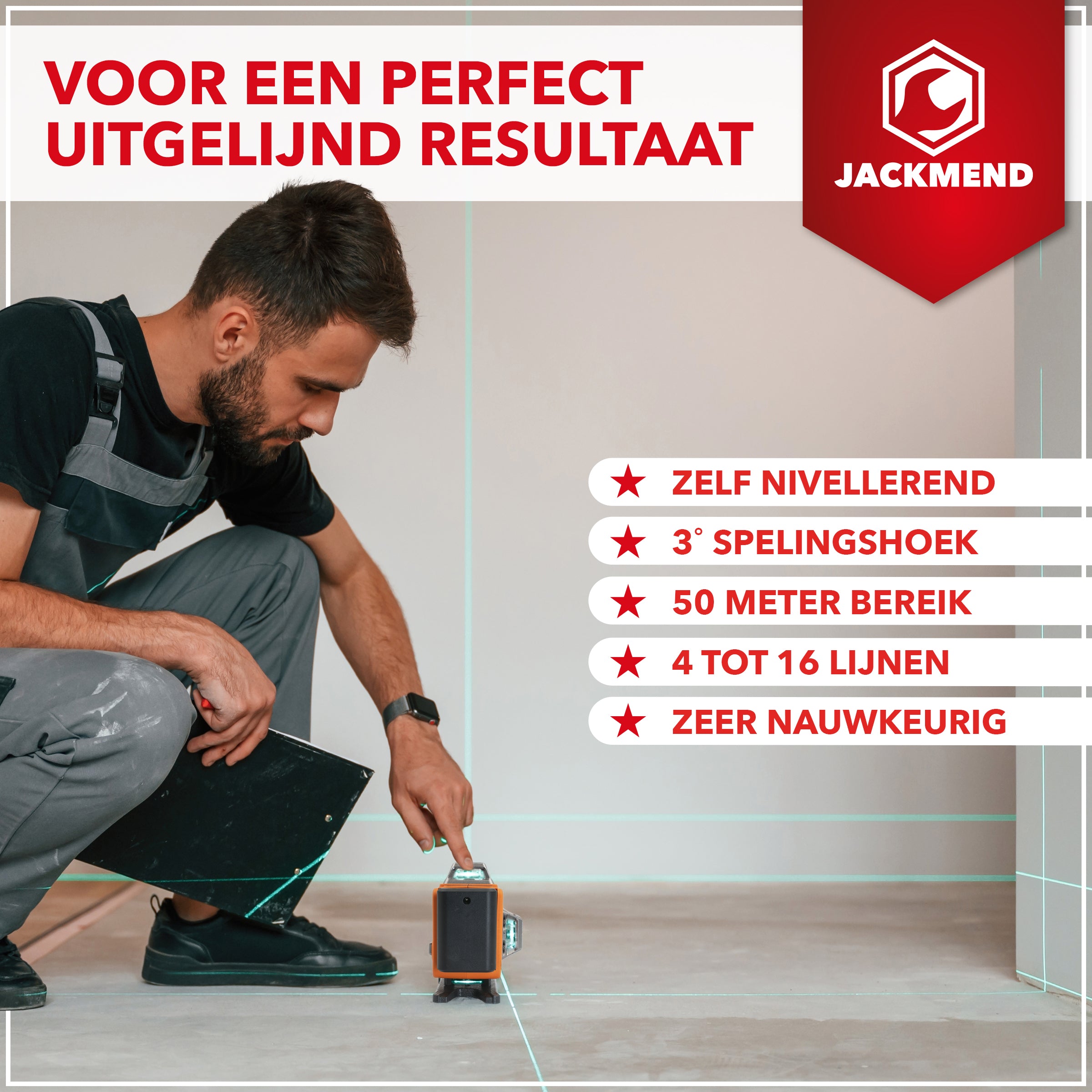 JACKMEND 4D Kruislijnlaser 4 tot 16 Lijnen - 50 Meter Meetbereik - 360 Graden