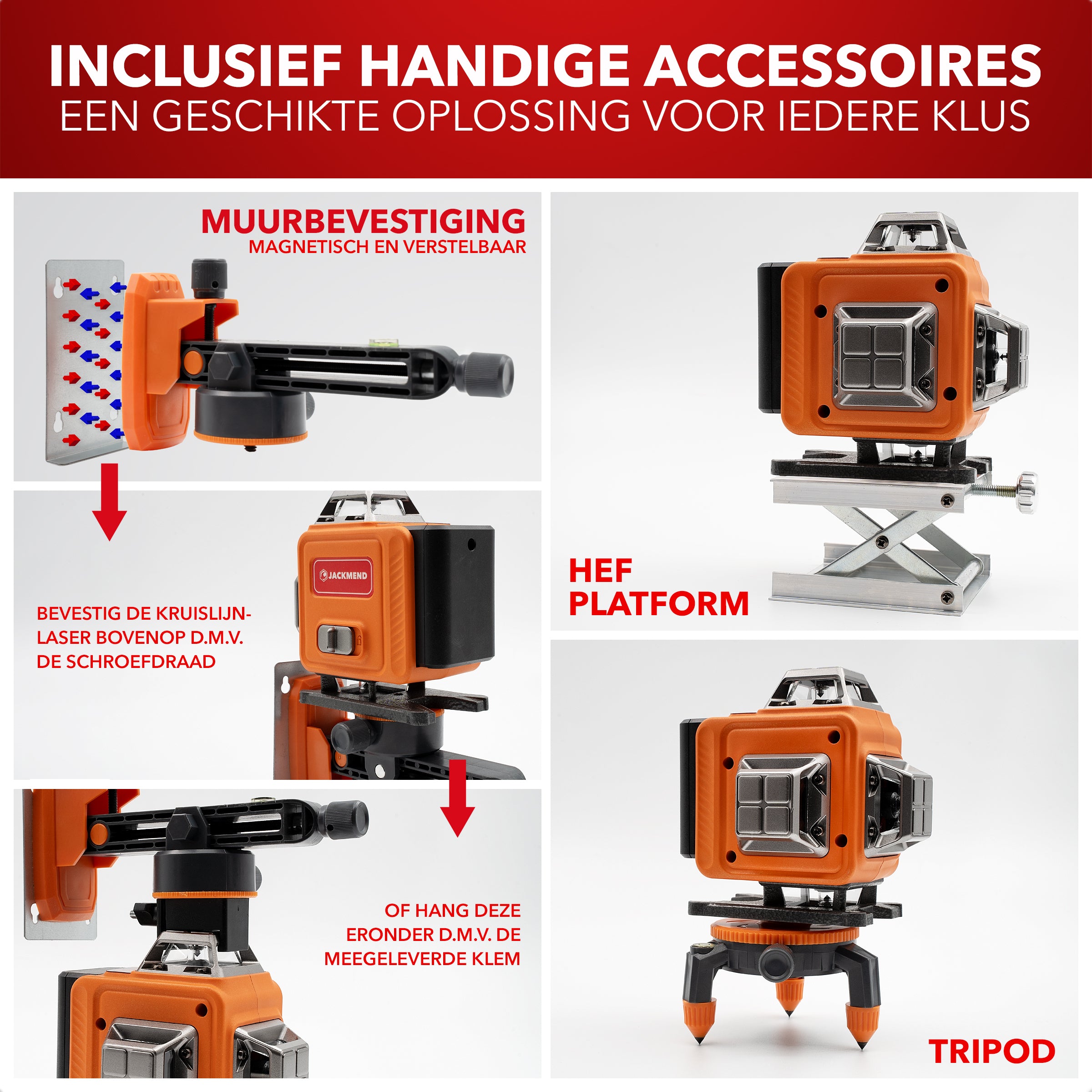 JACKMEND 4D Kruislijnlaser 4 tot 16 Lijnen - 50 Meter Meetbereik - 360 Graden