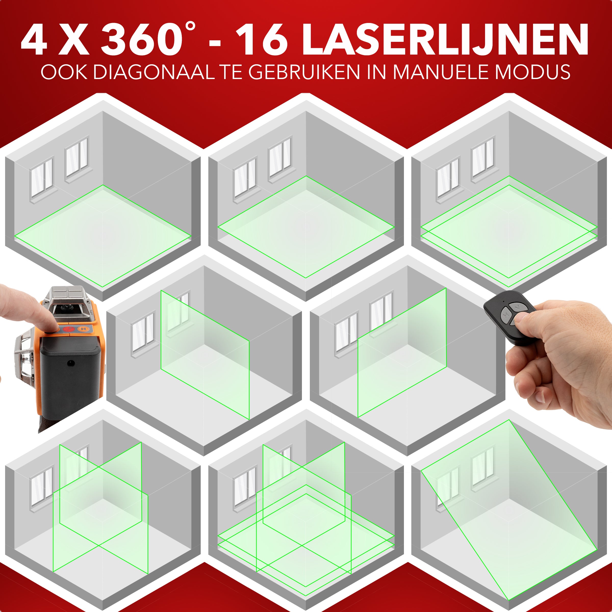 JACKMEND 4D Kruislijnlaser 4 tot 16 Lijnen - 50 Meter Meetbereik - 360 Graden