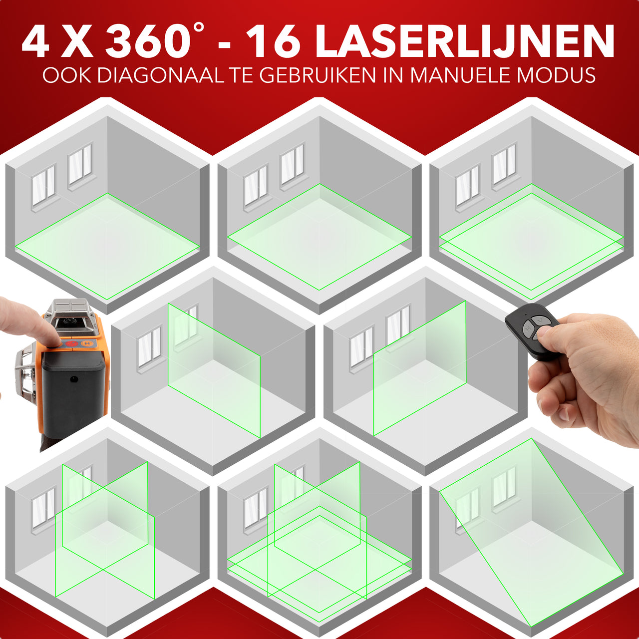 JACKMEND 4D Kruislijnlaser met Statief 1,45M 4 tot 16 Lijnen - 50 Meter Meetbereik