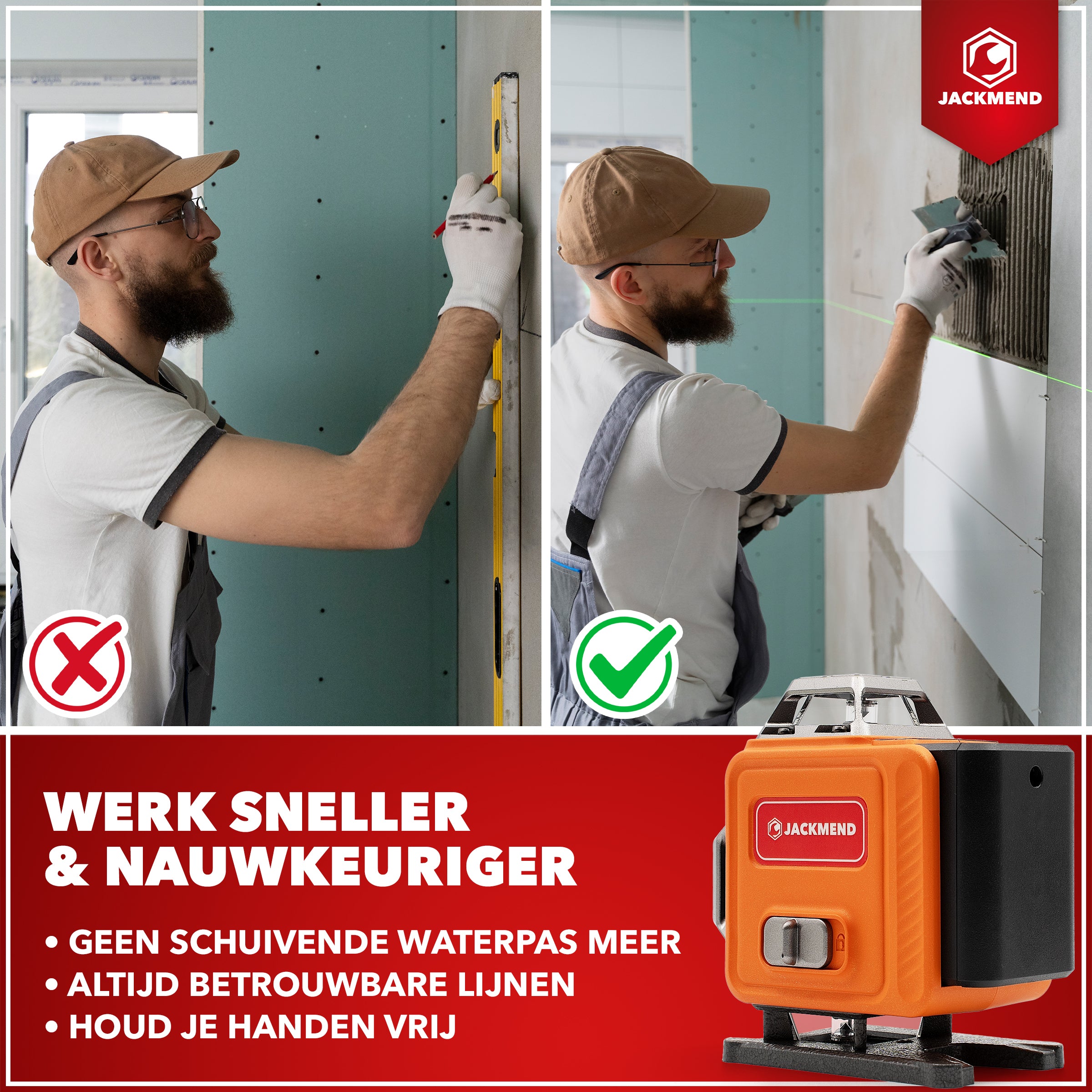 JACKMEND 4D Kruislijnlaser 4 tot 16 Lijnen - 50 Meter Meetbereik - 360 Graden
