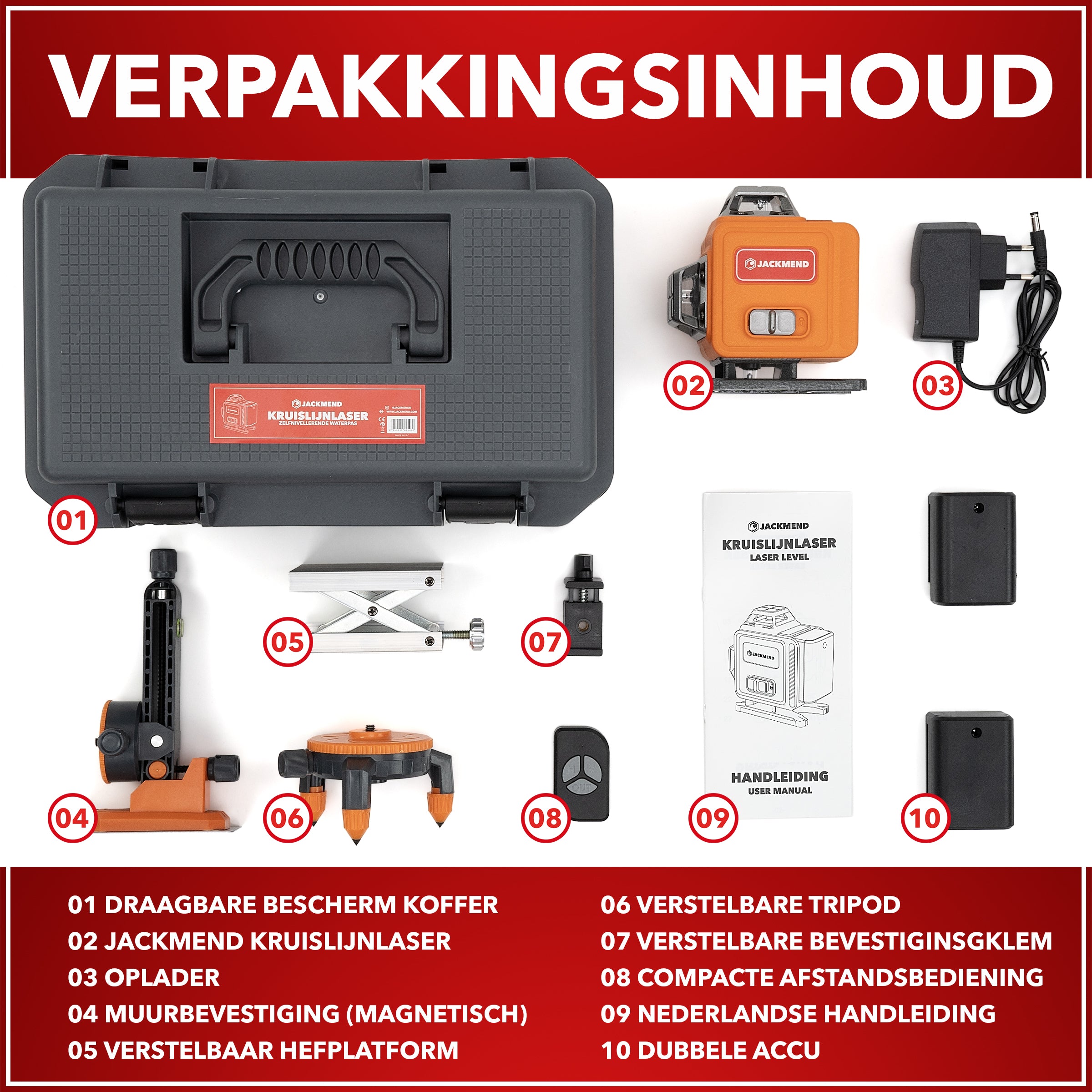 JACKMEND 4D Kruislijnlaser 4 tot 16 Lijnen - 50 Meter Meetbereik - 360 Graden