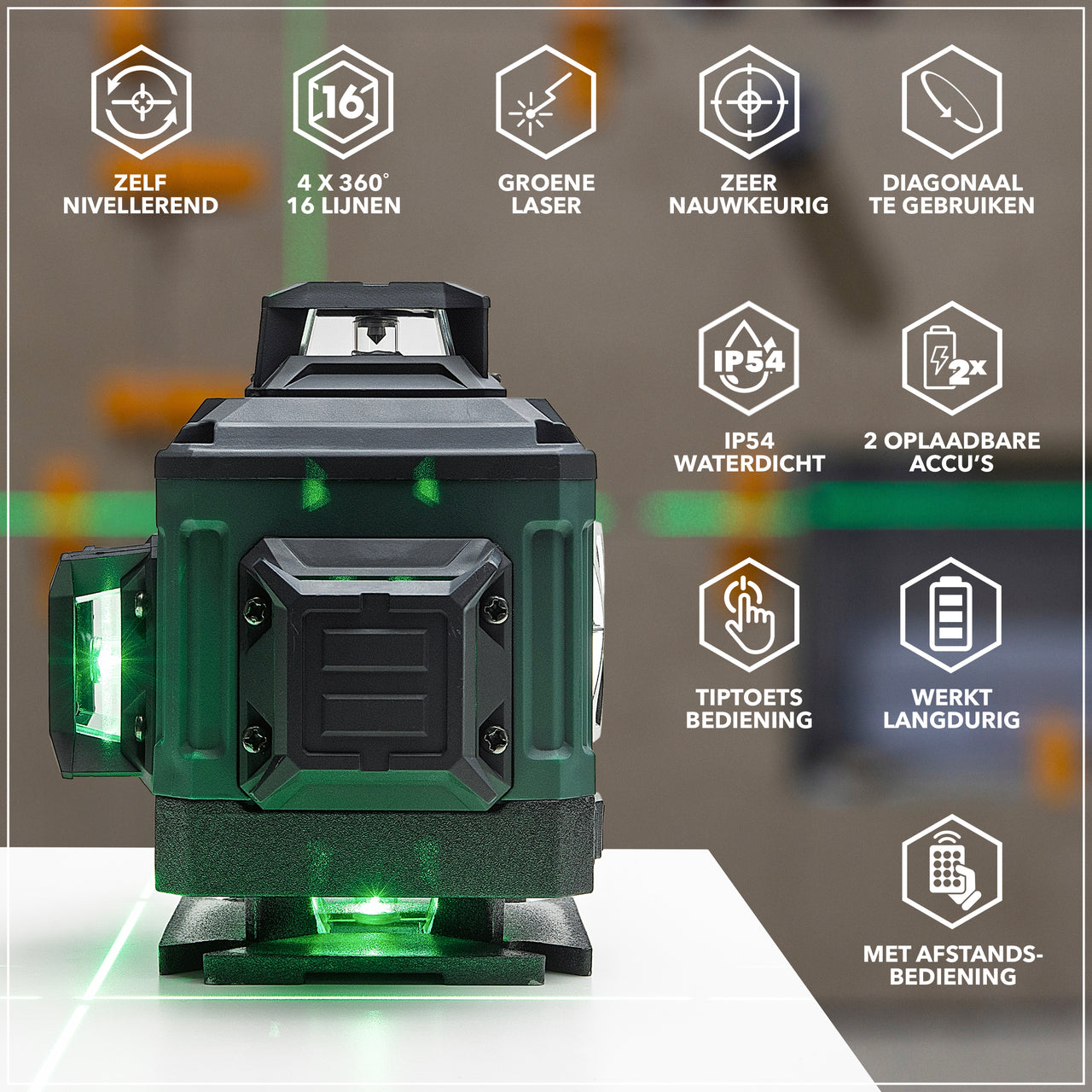 JACKMEND 4D Kruislijnlaser 4 tot 16 Lijnen - 50 Meter Meetbereik - 360 Graden