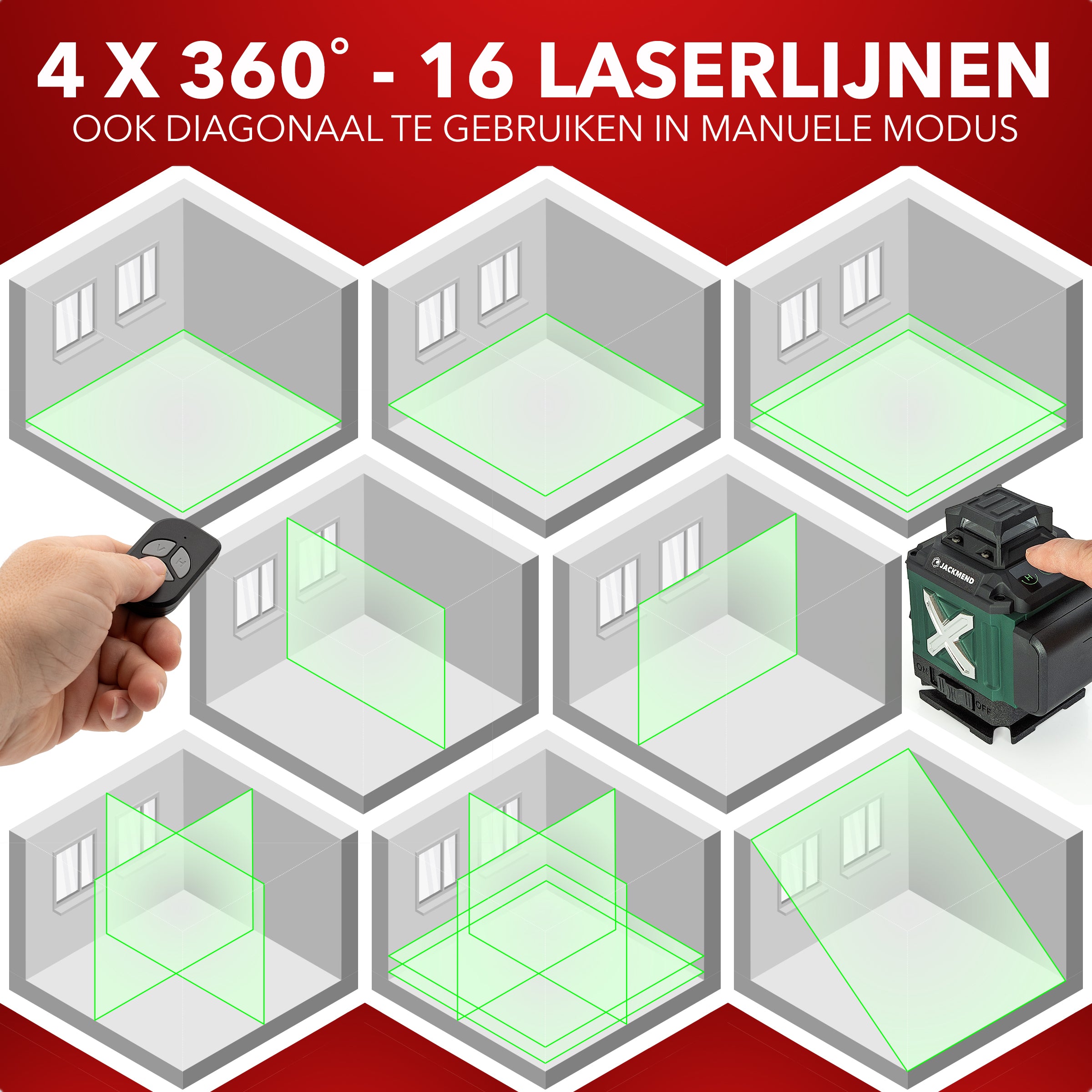 JACKMEND 4D Kruislijnlaser 4 tot 16 Lijnen - 50 Meter Meetbereik - 360 Graden