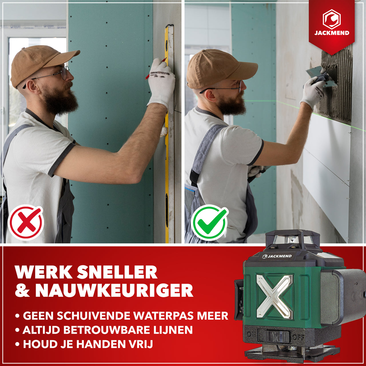 JACKMEND 4D Kruislijnlaser 4 tot 16 Lijnen - 50 Meter Meetbereik - 360 Graden