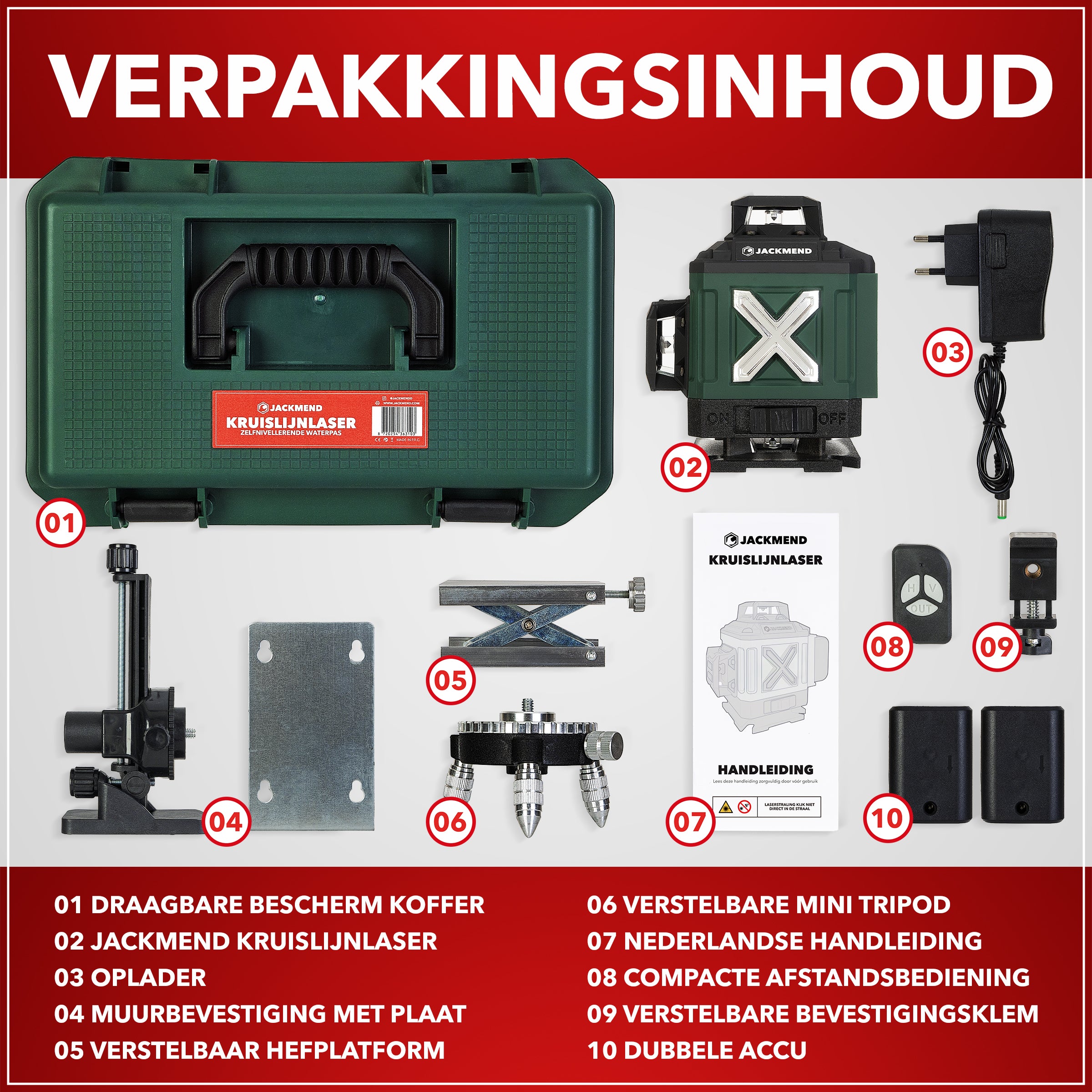 JACKMEND 4D Kruislijnlaser 4 tot 16 Lijnen - 50 Meter Meetbereik - 360