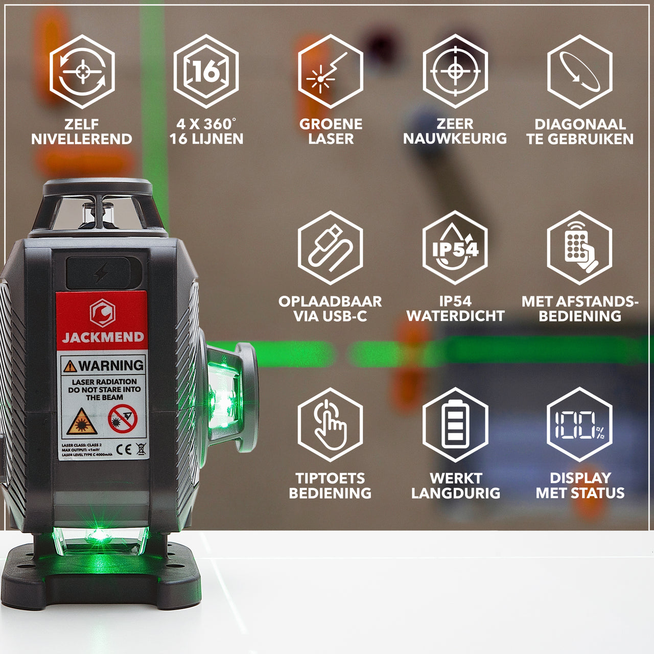 JACKMEND 4D Kruislijnlaser USB-C Oplaadbaar Digitaal Display Inclusief Statief - 50 Meter Meetbereik
