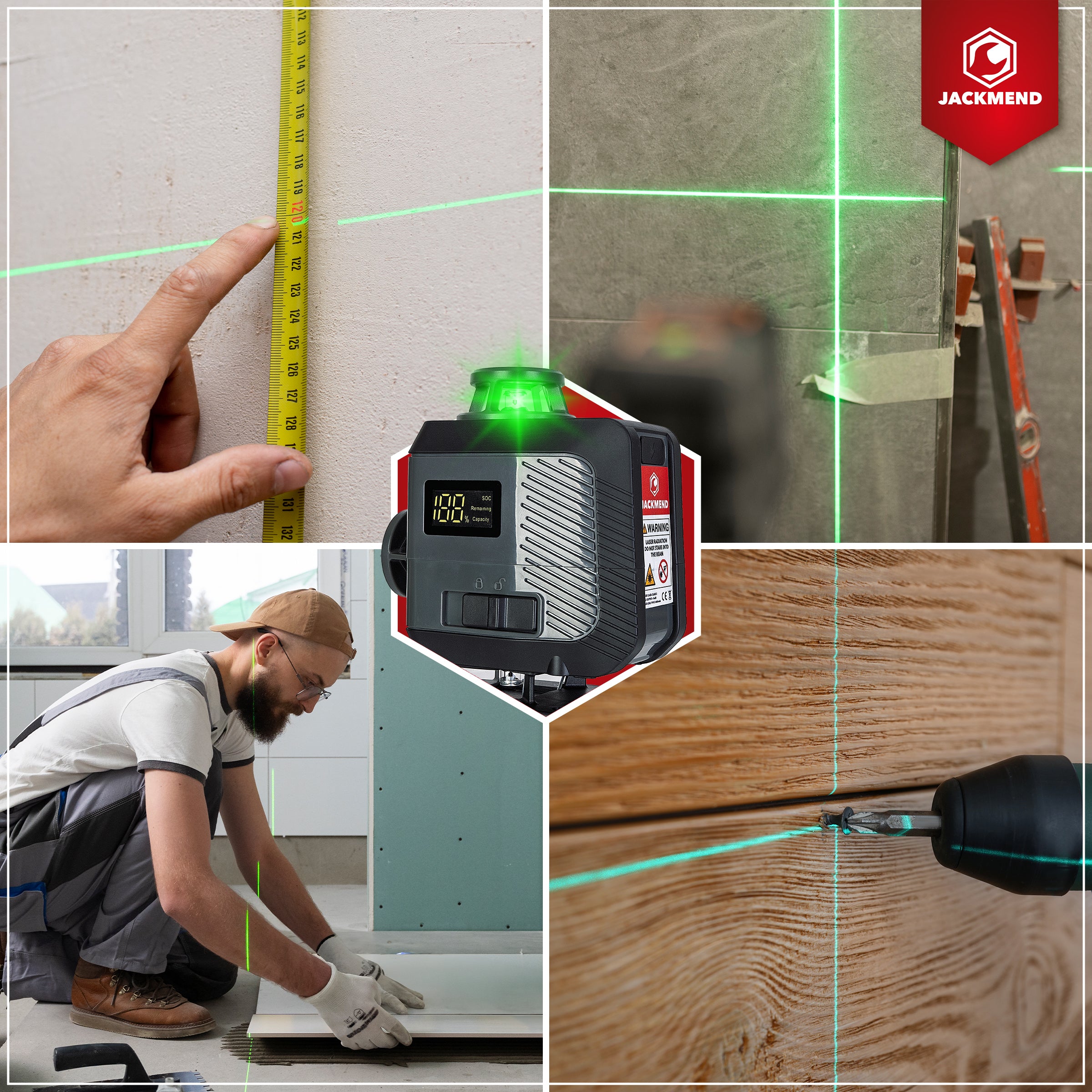 JACKMEND 4D Kruislijnlaser USB-C Oplaadbaar Digitaal Display - 50 Meter Meetbereik - 16 Lijnen