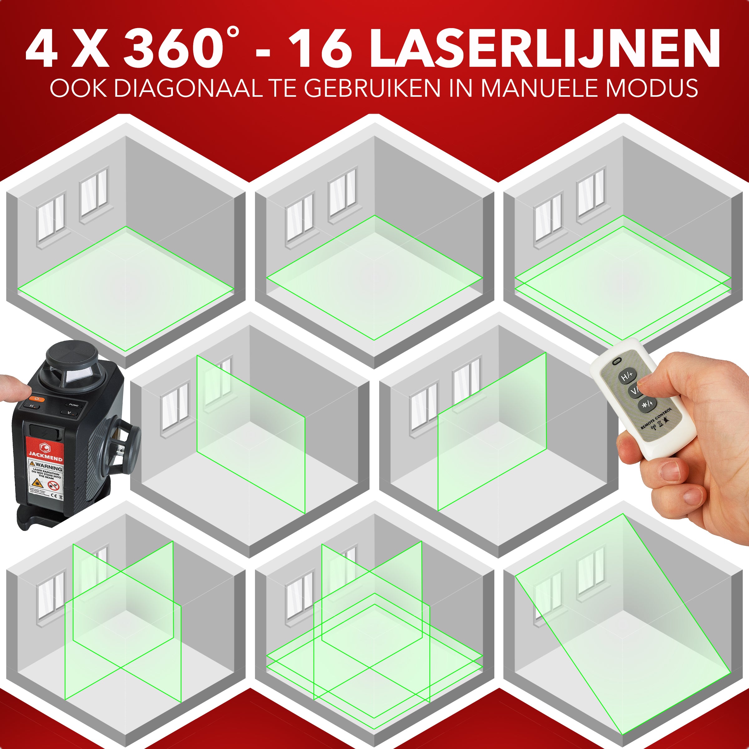 JACKMEND 4D Kruislijnlaser USB-C Oplaadbaar Digitaal Display - 50 Meter Meetbereik - 16 Lijnen