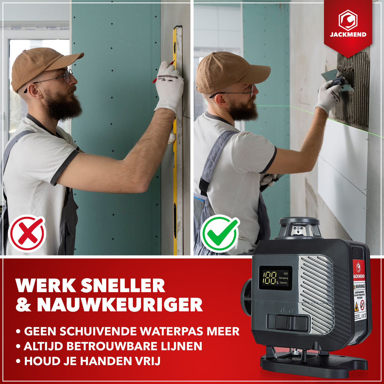 JACKMEND 4D Kruislijnlaser USB-C Oplaadbaar Digitaal Display Inclusief Statief - 50 Meter Meetbereik