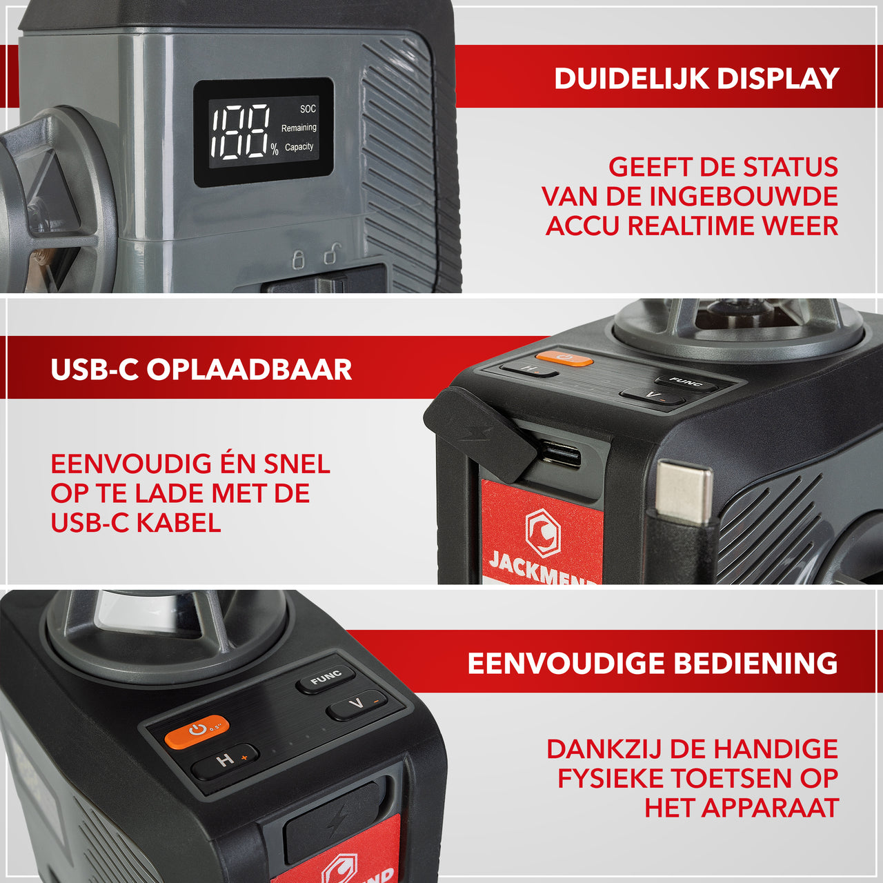 JACKMEND 4D Kruislijnlaser USB-C Oplaadbaar Digitaal Display Inclusief Statief - 50 Meter Meetbereik