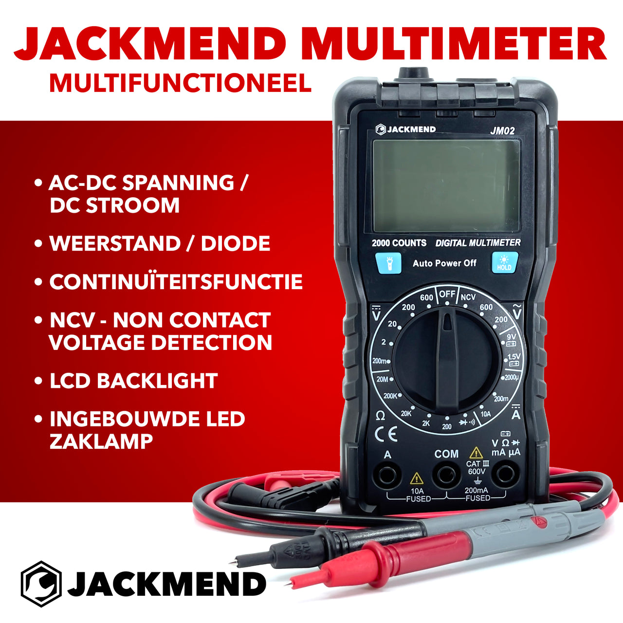 JACKMEND Digitale Multimeter - Slimme Spanningsmeter met LED zaklamp - AC / DC Voltage Meter - Voltmeter - Multi Volt Meter