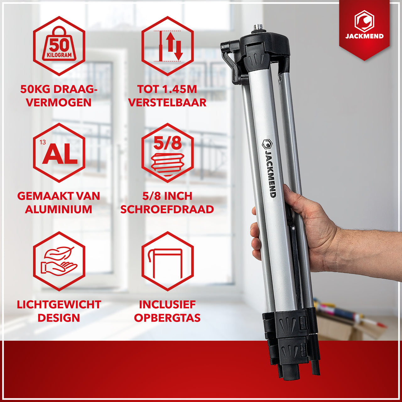 JACKMEND 4D Kruislijnlaser Statief - Verstelbare Tripod Inclusief Opbergtas - van 52 tot 145CM - 50KG Draagvermogen - 5/8 Inch Schroefdraad