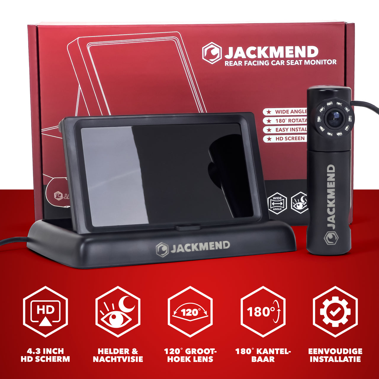 JACKMEND Auto Baby Camera 4.5 Inch Monitor AntiSlip Verstelbaar Met Nachtvisie 180° Rotatie Inclusief Kabels