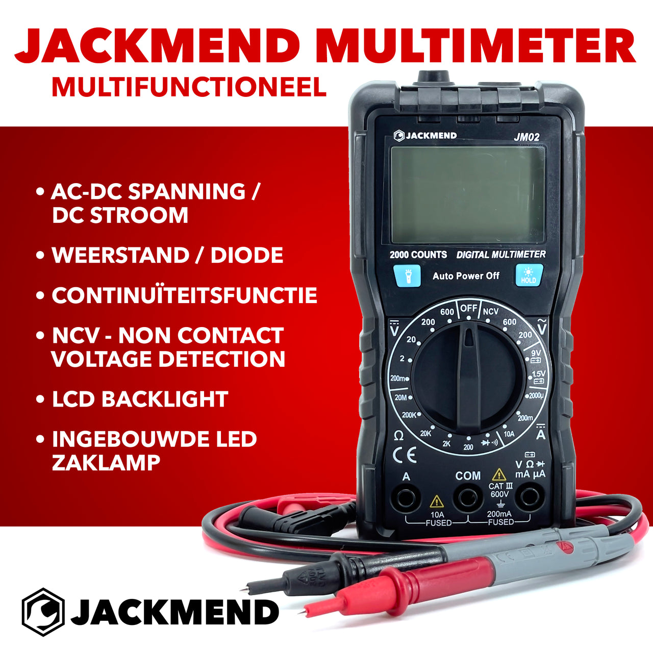 JACKMEND Digitale Multimeter - Slimme Spanningsmeter met LED zaklamp